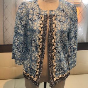 Printed blue/white linen Jacket w/fringe detail